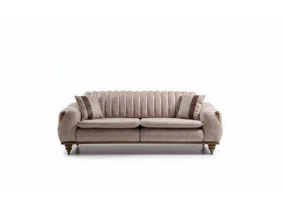Sofá Chesterfield de tres plazas en beige, tapizado en tela de muebles de tela.