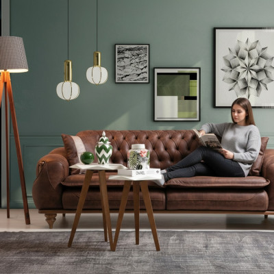 Sofá de tres plazas Chesterfield marrón, muebles tapizados, textil, tela de sofá.