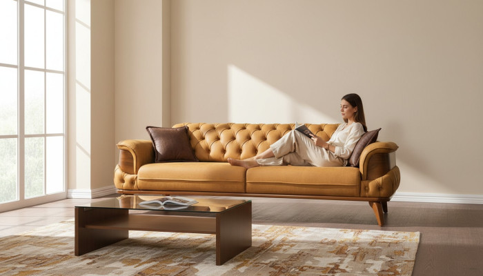 Sofá de tres plazas de cuero Sofás Sofas Sofisticados Sofá Chesterfield Western USA Amarillo