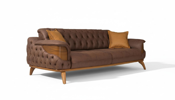 Sofá Chesterfield de tres plazas de lujo en color marrón, sofás de cuero y cojines nuevos.