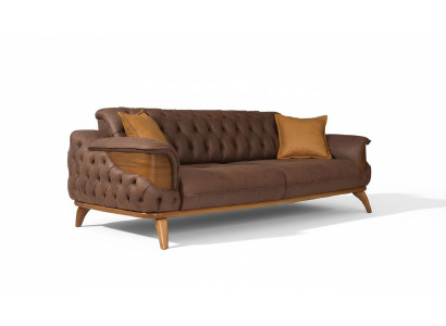 Sofá Chesterfield de tres plazas de lujo en color marrón, sofás de cuero y cojines nuevos.
