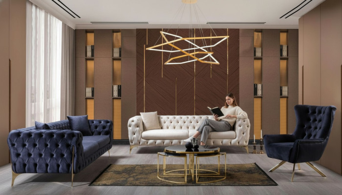 Conjunto de sofás azules de lujo, sofás, sillón 3+3+1 plazas diseño Chesterfield terciopelo