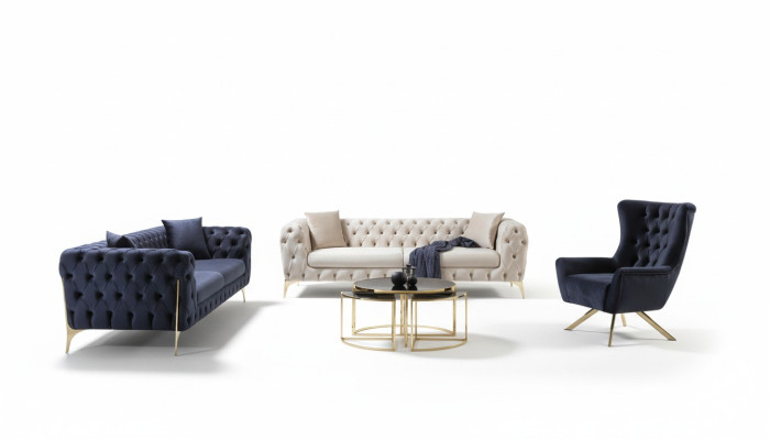 Conjunto de sofás azules de lujo, sofás, sillón 3+3+1 plazas diseño Chesterfield terciopelo
