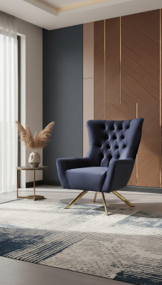 Silla Chesterfield azul de lujo con tapizado de terciopelo para la sala de estar.