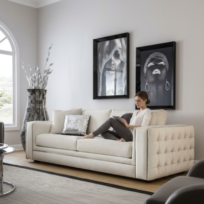 Clásico sofá Chesterfield de tres plazas en beige, mueble de lujo.