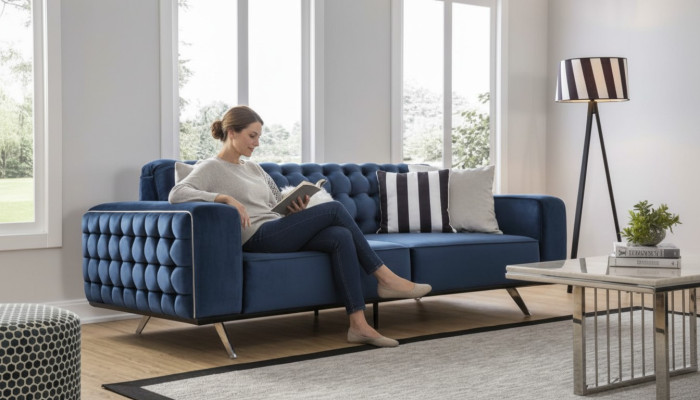 Sofá Chesterfield clásico de tres plazas de lujo azul.