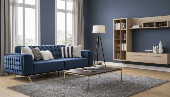 Sofá Chesterfield clásico de tres plazas de lujo azul.