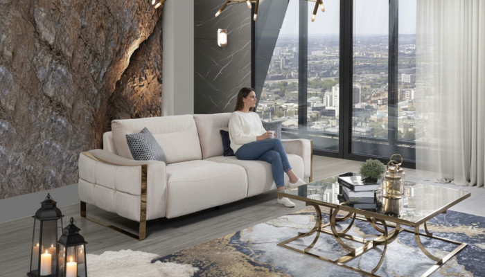 Sofá clásico de 3 plazas diseño de sala de estar tapizado de madera acolchado moderno de lujo blanco