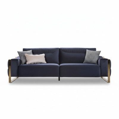 Sofá clásico de 3 plazas diseño de sala de estar tapizado en madera tapizado de lujo moderno azul.