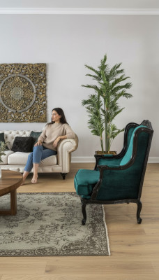 Clásico sillón de lujo tapizado textil de 1 plaza, moderno, verde.