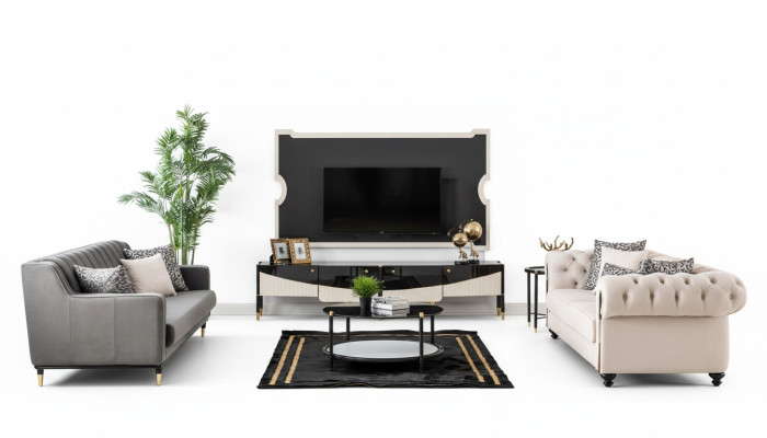 Sofá conjunto de sofá de tela Mesa auxiliar de muebles de sofá Tapizado en Chesterfield de 3 piezas