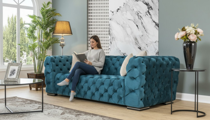 Sofá Chesterfield de 4 plazas diseño de sala de estar tapizado de madera de lujo azul