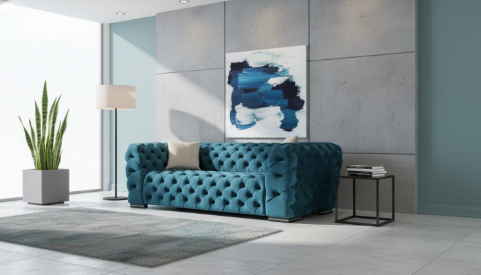Sofá Chesterfield de 4 plazas diseño de sala de estar tapizado de madera de lujo azul