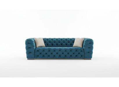 Sofá Chesterfield de 4 plazas diseño de sala de estar tapizado de madera de lujo azul