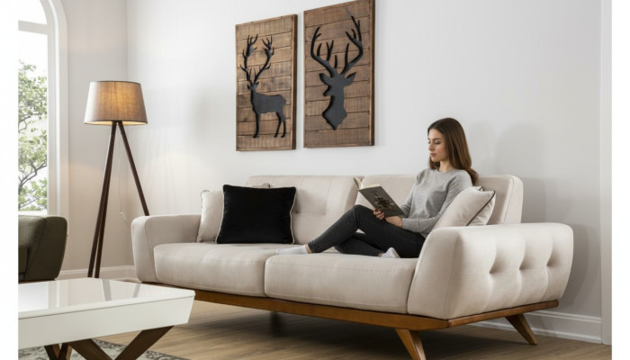 Sofá clásico de 2 plazas diseño sala de estar tapizado madera cuero moderno de lujo Beige
