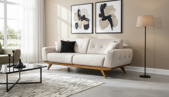 Sofá clásico de 2 plazas diseño sala de estar tapizado madera cuero moderno de lujo Beige