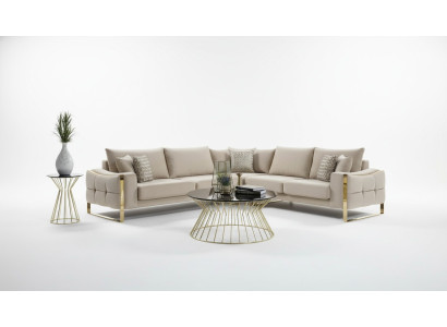 Sofá esquinero en forma de L, sofá, diseño de sofá, tapizado textil, conjunto de esquina beige.