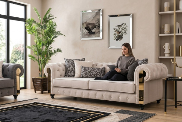 Sofá Chesterfield de 3 plazas diseño salón tapizado madera cuero moderno lujo