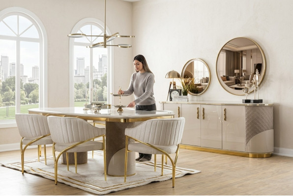 Conjunto de comedor de 10 piezas. Juego de mesa de lujo con 6 sillas, aparador, espejo. Muebles de madera.