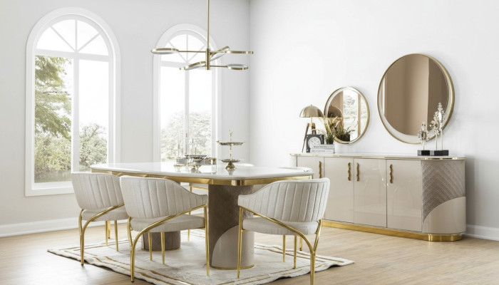 Conjunto de comedor de 10 piezas. Juego de mesa de lujo con 6 sillas, aparador, espejo. Muebles de madera.