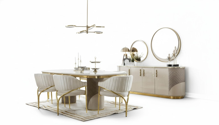 Conjunto de comedor de 10 piezas. Juego de mesa de lujo con 6 sillas, aparador, espejo. Muebles de madera.