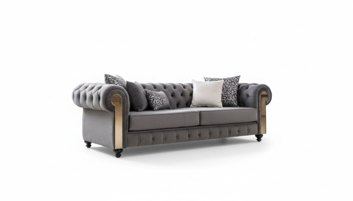 Sofá de lujo para la sala de estar de 3 plazas en color gris, estilo Chesterfield clásico.