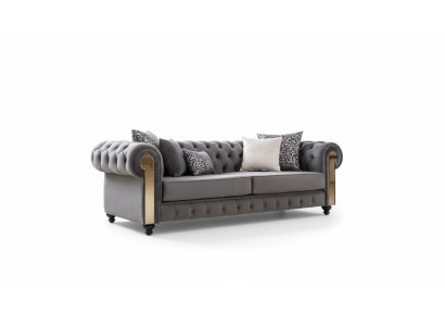 Sofá de lujo para la sala de estar de 3 plazas en color gris, estilo Chesterfield clásico.
