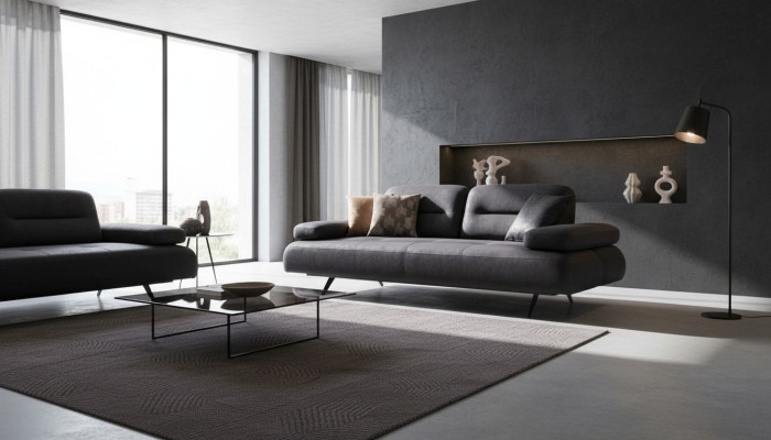 Sofá xxl 4 plazas sillón sala de estar tapizado conjunto de asientos cuero gris textil.