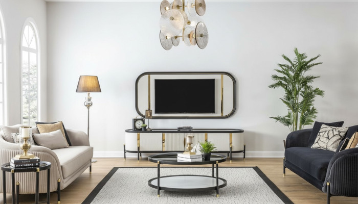 Conjunto de lujo Moderno de sala de estar RTV, sala de estar tapizada. Juego de sofás de 3 + 3 asientos, mesa de centro.