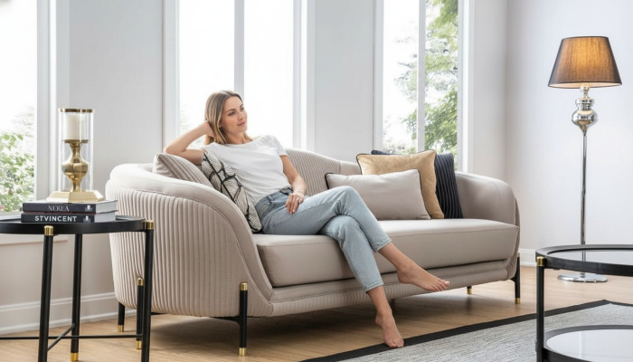 Sofá de 3 plazas, sofá tapizado beige de tela diseño de asiento moderno sofás tela moderna nueva