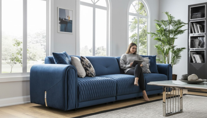 Sofá de lujo de 4 plazas para salón diseño moderno azul sofás de cuero nuevos