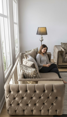 Sofá Chesterfield de 4 plazas diseño moderno azul de tela para salón.
