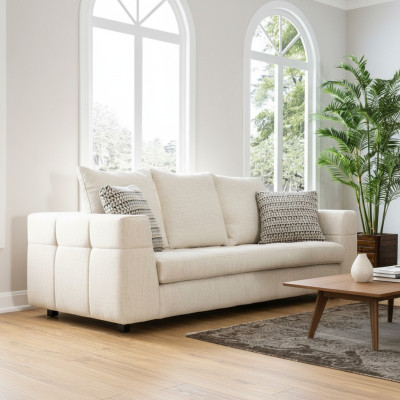 Sofá moderno de lujo de 3 plazas en blanco, tela de diseño de asiento acolchado.