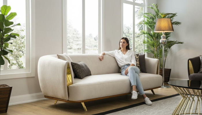 Sofá moderno de 2 plazas, sofá acolchado blanco, tela para asiento, diseño de sofá, sofás de tela.
