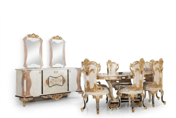Juego de comedor de lujo de 9 piezas. Mesa de comedor + 6 sillas + aparador con espejo blanco nuevo.