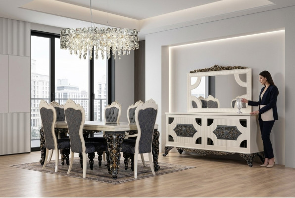 Grupo de comedor de lujo con 6 sillas, mesa de comedor, aparador. Juego de comedor de 9 piezas.