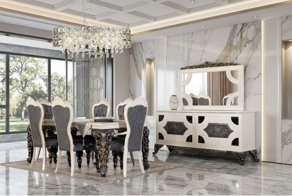 Grupo de comedor de lujo con 6 sillas, mesa de comedor, aparador. Juego de comedor de 9 piezas.