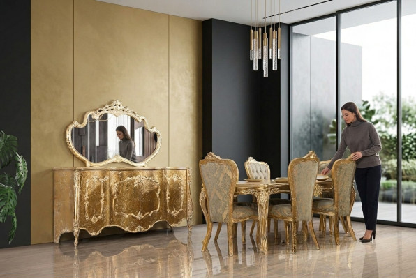 Juego de comedor de lujo con 6 sillas, aparador, espejo, conjunto completo de comedor.