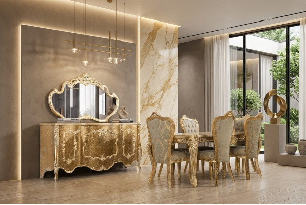 Juego de comedor de lujo con 6 sillas, aparador, espejo, conjunto completo de comedor.