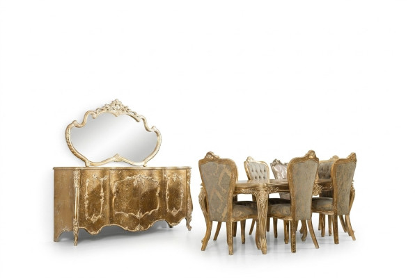 Juego de comedor de lujo con 6 sillas, aparador, espejo, conjunto completo de comedor.