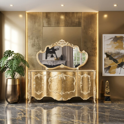 Cómoda Espejo Grupo de lujo Conjunto de cómoda Armario Aparador Oro