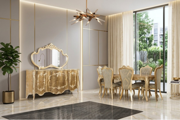 Comedor Mesa de comedor 6 sillas Mesa Lujo Mesas Grupo de comedor clásico Juego de 7 piezas.