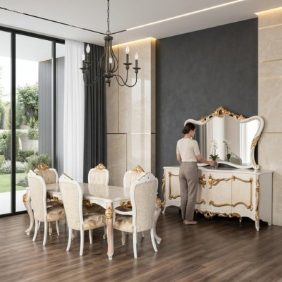 Conjunto de lujo de comedor, mesa de comedor, silla, mesa XL, mesas, sillas, diseño de madera, 7 piezas, nuevo.