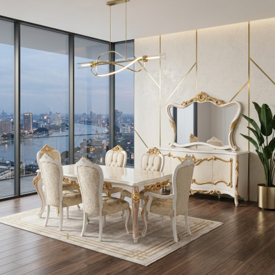 Conjunto de lujo de comedor, mesa de comedor, silla, mesa XL, mesas, sillas, diseño de madera, 7 piezas, nuevo.