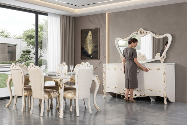 Juego de comedor de 9 piezas. Conjunto de lujo. Mesa + 6 sillas + aparador + espejo. Nuevo. Muebles.