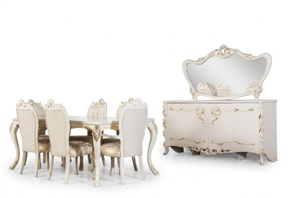 Juego de comedor de 9 piezas. Conjunto de lujo. Mesa + 6 sillas + aparador + espejo. Nuevo. Muebles.