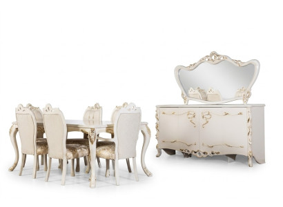 Juego de comedor de 9 piezas. Conjunto de lujo. Mesa + 6 sillas + aparador + espejo. Nuevo. Muebles.