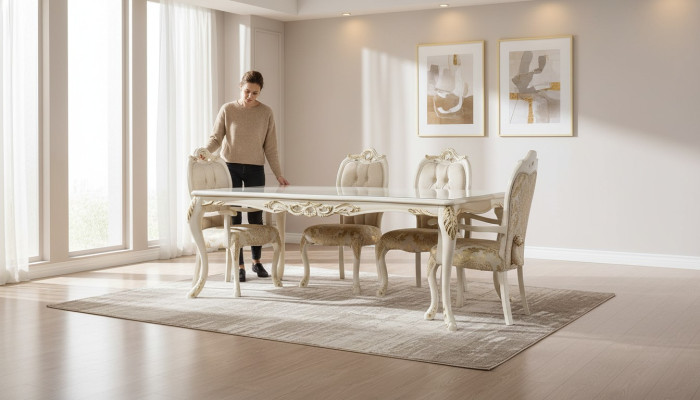 Mesa de comedor clásica beige, diseño de mesa de madera, muebles de mesa para la sala de estar