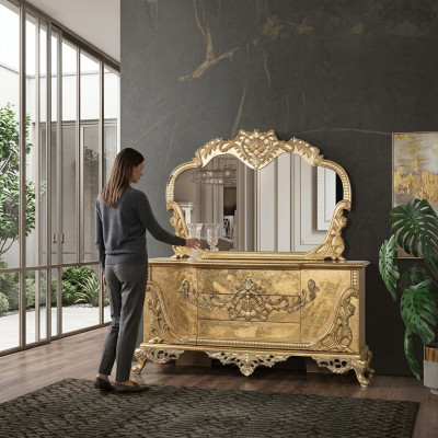 Juego de cómoda y espejo de madera en grupo, muebles barrocos.