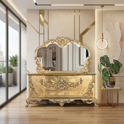 Juego de cómoda y espejo de madera en grupo, muebles barrocos.